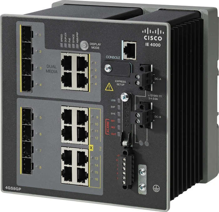 Cisco IE 4000 LAN Base Industrial Railmount Gigabit Managed Switch, 8x RJ-45, 4x SFP, 4x RJ-45/SFP, 240W PoE+