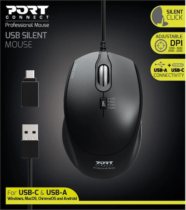 Port Designs Wired Silent Pro Mouse schwarz, USB