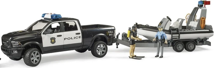 Bruder Profi-Serie RAM 2500 Polizei Pickup, L+S Modul, Anhänger mit Boot und 2 Figuren