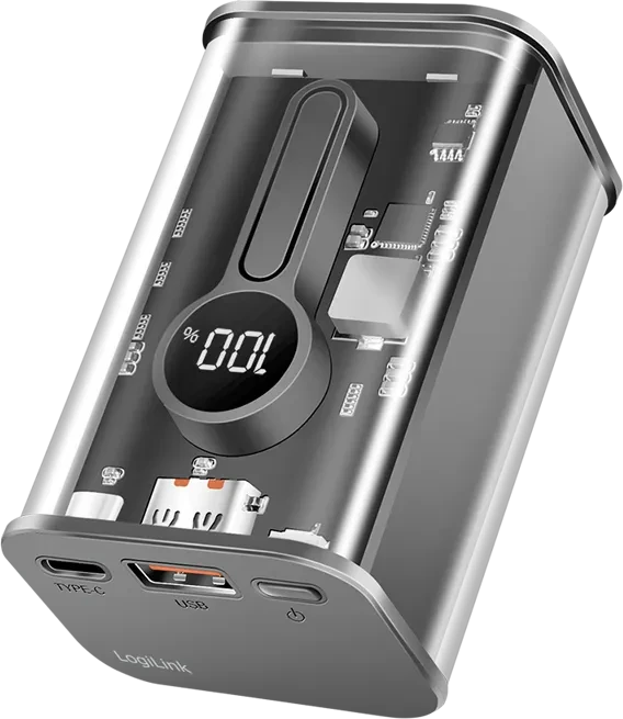 LogiLink Powerbank 10000mAh 1x USB-A 1x USB-C mit Display PD & QC transparent