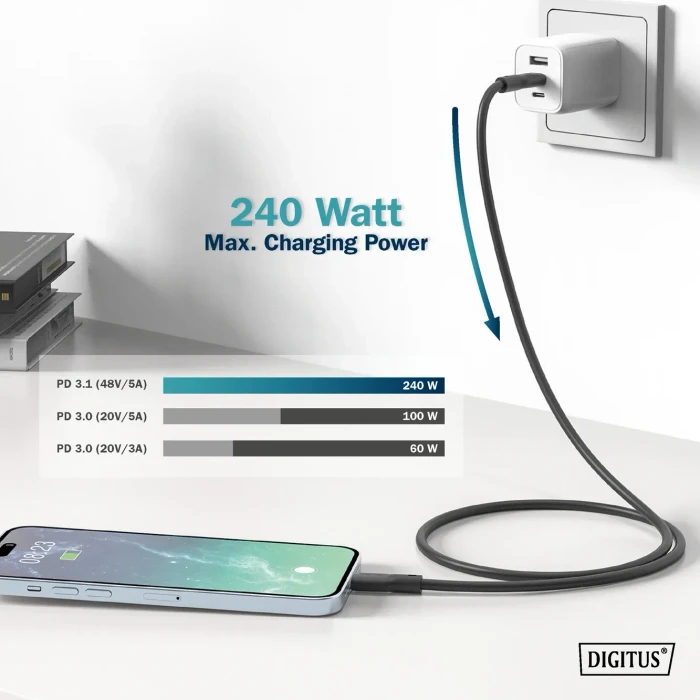 Digitus USB4 Silikonkabel, 40Gb/s, 8K60Hz, 240W PD, USB-C Stecker auf USB-C Stecker, schwarz, 0.5m