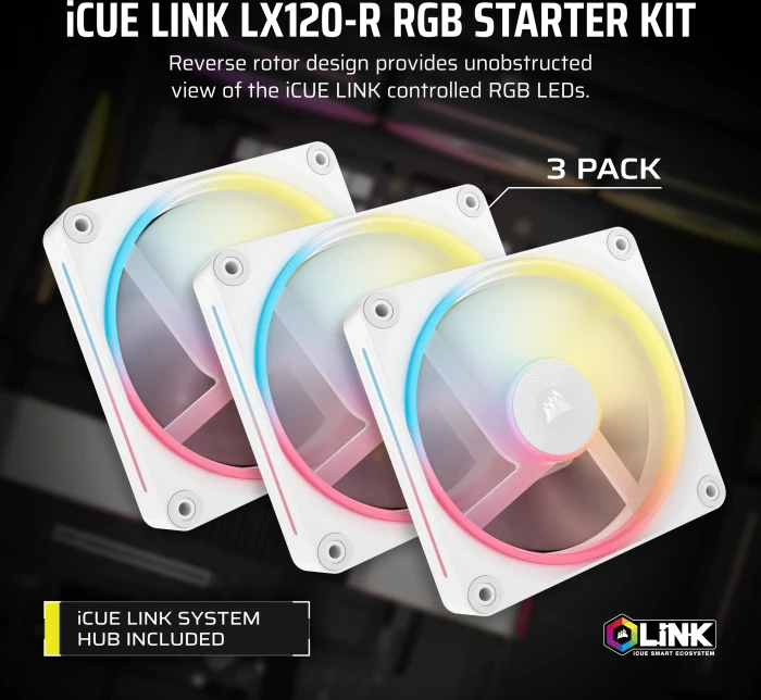 Corsair iCUE LINK LX120-R RGB Starter Kit, weiß, LED-Steuerung, 120mm, 3er-Pack