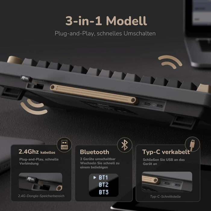 RK Royal Kludge M75 Wireless, grau/schwarz, LEDs RGB, hot-swap, RK RED, USB/Bluetooth, DE
