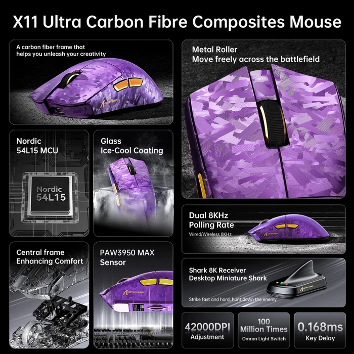 Attack Shark X11 Ultra Carbon Fiber 8KHz Wireless, Forged Purple, USB/Bluetooth