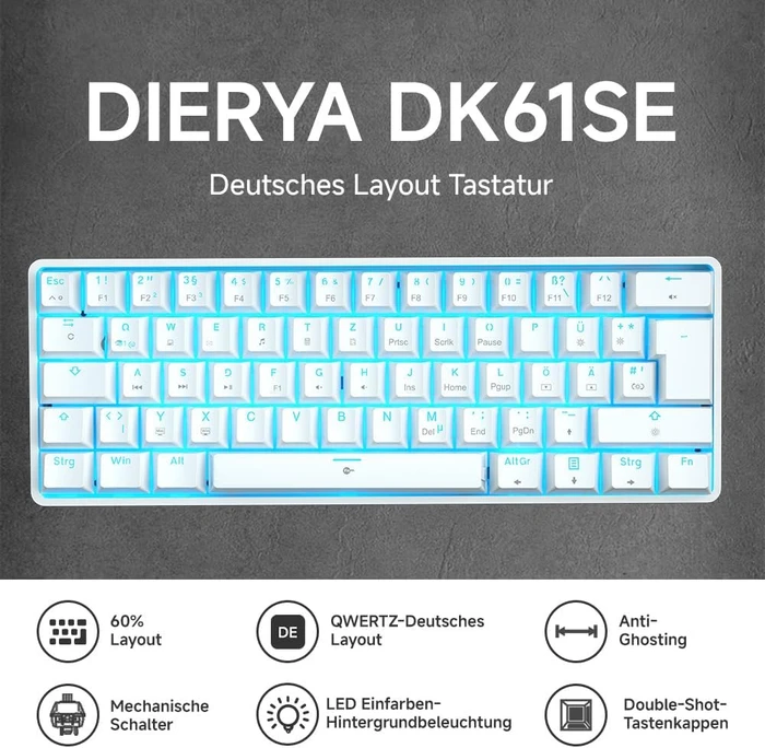 Dierya DK61SE, 60%, weiß, LEDs blau, BLUE Switches, USB, DE