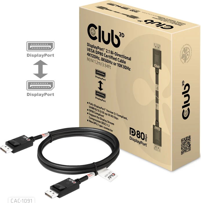 Club 3D DisplayPort 2.1 Kabel DP80 schwarz, 1.20m