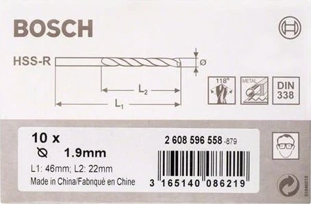 Bosch Professional HSS-R Spiralbohrer, 1.9x22x46mm, 10 Stück