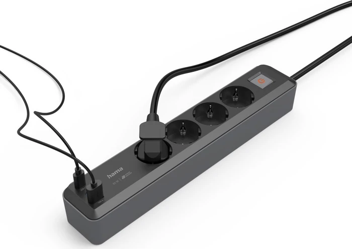 Hama Steckdosenleiste mit Schalter, 4-fach, 1x USB-A/2x USB-C 65W USB-PD, 1.4m, schwarz/grau