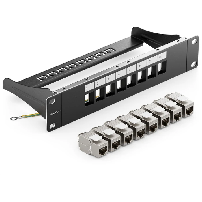 deleyCON Patchpanel für Keystone Module 10", 1HE, inkl. RJ-45 Cat7 Module, 8-Port, 10", 1HE