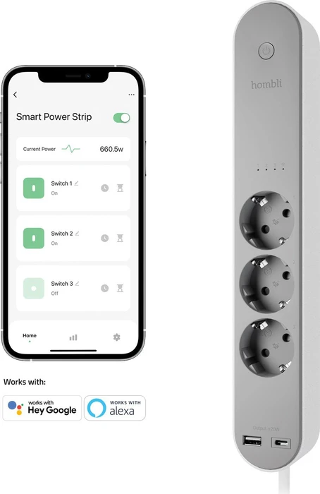 Hombli Powerstrip 3-fach weiß, 1x USB-C/1x USB-A, 3680W, Typ F, Smart-Steckdosenleiste