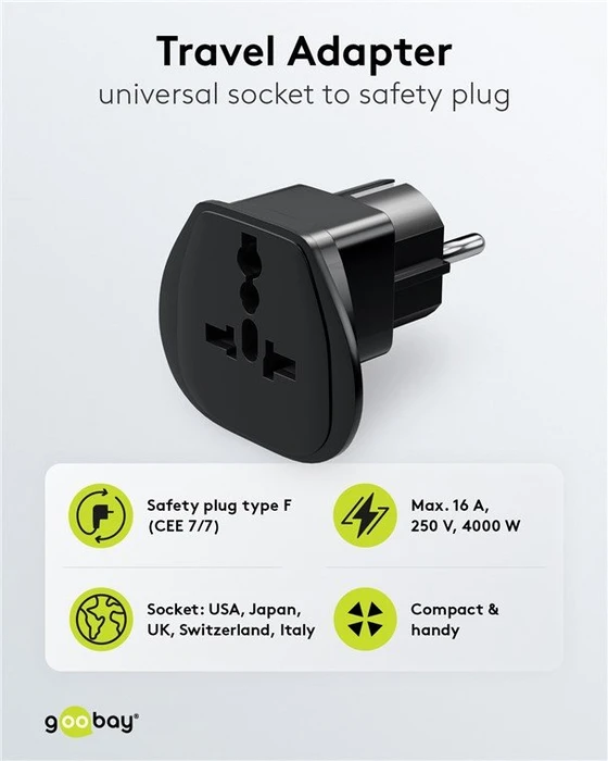 goobay Reiseadapter Welt auf Europa, schwarz