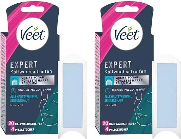 Veet Expert Gesicht Alle Hauttypen inkl. sensibler Haut Kaltwachsstreifen, 20 Stück