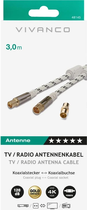Vivanco Antennen-Kabel mit Nylonummantelung, Koax-Stecker - Koax-Kupplung, 120dB, 3m, weiß