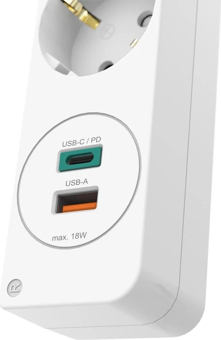 Hama Steckdosenleiste mit Schalter und Winkel-Flachstecker, 3-fach, 1x USB-A/1x USB-C 18W USB-PD, 1.4m, weiß