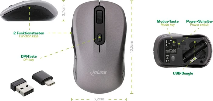 InLine Maus 3-in-1, grau/schwarz, USB/Bluetooth