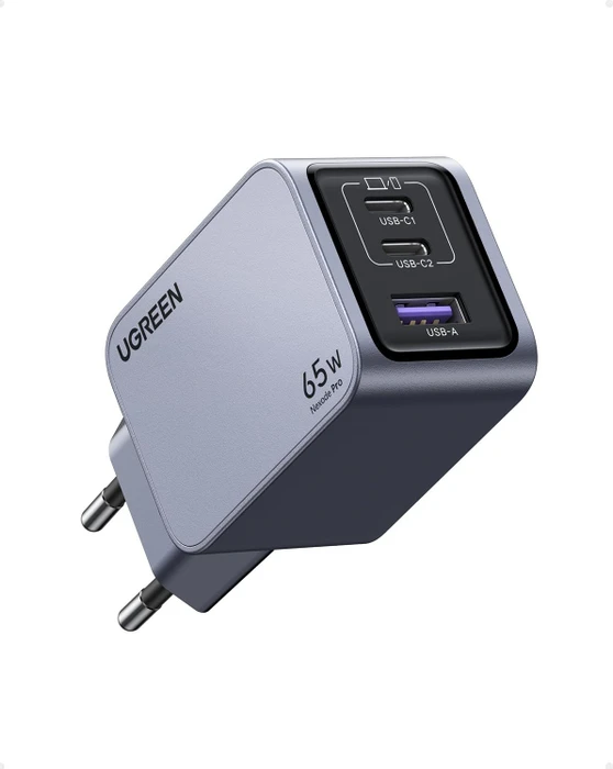 Ugreen Nexode Pro 65W USB-C Ladegerät 3-Ports Mini GaN Schnellladegerat schwarz/grau