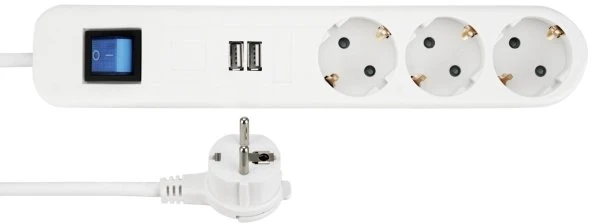 REV Ritter ICE Steckdosenleiste mit Schalter, 2x USB, 3-fach, 1.4m, weiß