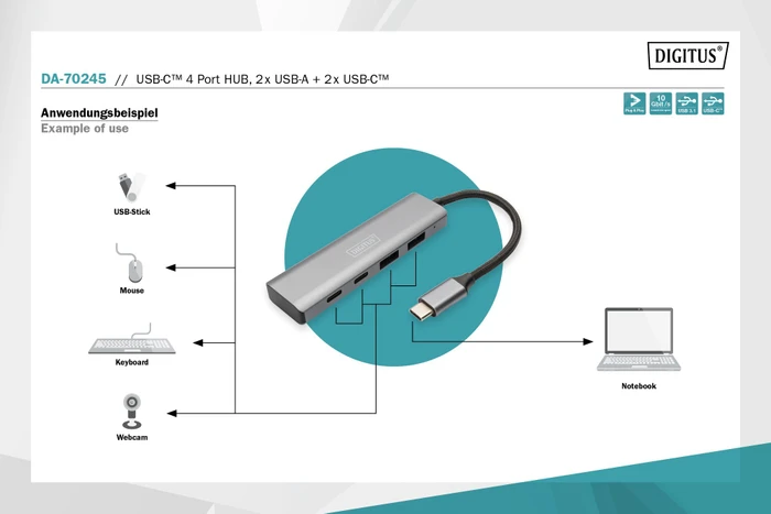 Digitus USB-C Hub, 2x USB-C 3.1, 2x USB-A 3.1, USB-C 3.1 [Stecker]