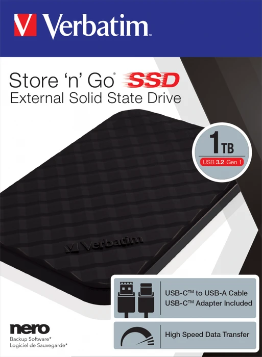 Verbatim Store 'n' Go Portable SSD, 1TB, USB-C 3.0