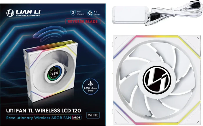 Lian Li Uni Fan TL LCD Wireless 120 RGB Reverse Blade, weiß, LED-Steuerung, 120mm
