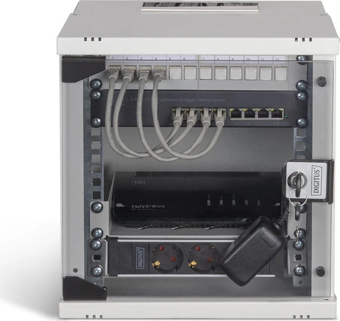 Digitus Professional SoHo Pro Line 10" Wandgehäuse SET 6HE, unmontiert, Sicherheitsglastür, IP20, RAL 7035, 300mm tief