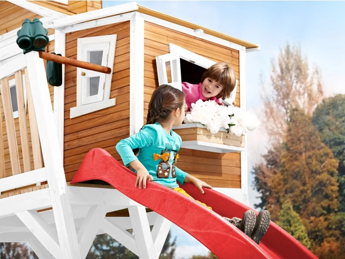 Axi Spielhaus Max braun/weiß mit Rutsche rot
