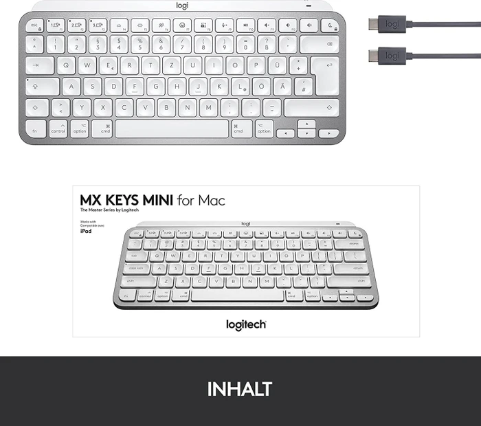 Logitech MX Keys Mini for Mac, LEDs weiß, Logi Bolt, Pale Gray, weiß/grau, USB/Bluetooth, DE