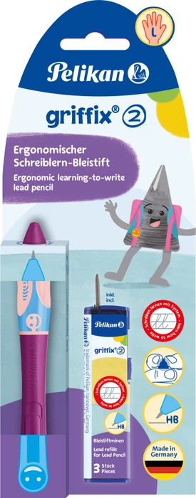 Pelikan griffix 2 Druckbleistift HB 2mm graphit, sweet berry, Linkshänder, Blister, 3 Minen