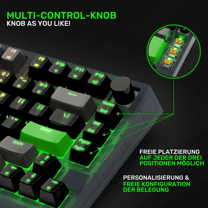 nerdytec Cykey QMK/VIA Gaming Keyboard, 75%, schwarz/transluzent, LEDs RGB, hot-swap, Gateron G Pro 3.0 YELLOW, USB, DE
