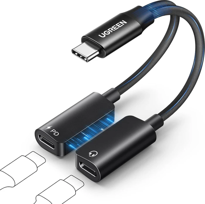 Ugreen USB-C Splitter/Audio-Adapter Y-Kabel, 60W, USB-C [Stecker] auf 2x USB-C [Buchse], 0.1m, schwarz