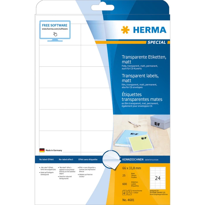 Herma Folienetiketten, 66x33.8mm, wetterfest, transparent, matt, 25 Blatt (600 Etiketten)
