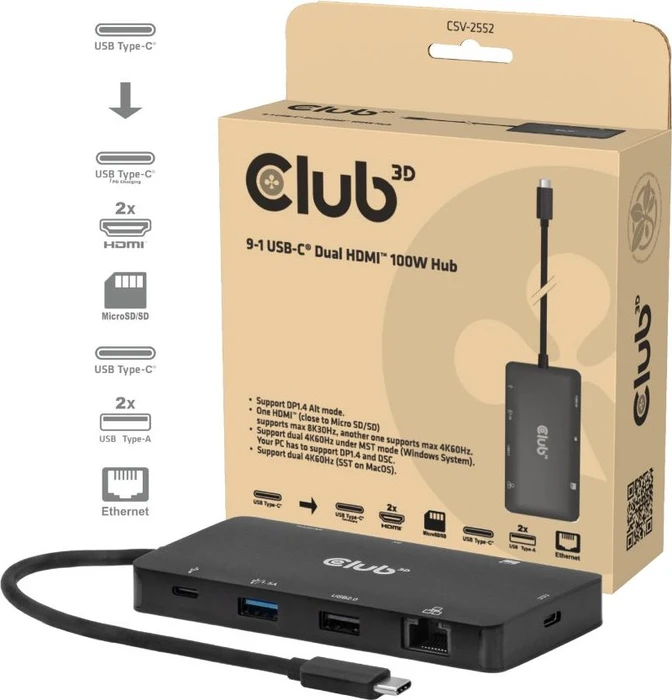 Club 3D 9-in-1 Hub, USB-C 3.0 [Stecker]