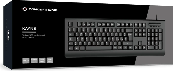 Conceptronic Kayne Tastatur mit SmartID-Kartenleser, schwarz, USB, IT