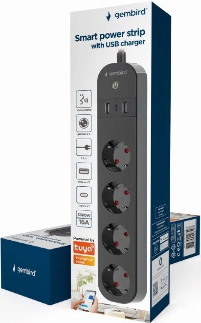 Gembird Smart Powerstrip mit USB-Ladegerät 4-fach schwarz, 1x USB-C/2x USB-A, 3680W, Typ F, Smart-Steckdosenleiste
