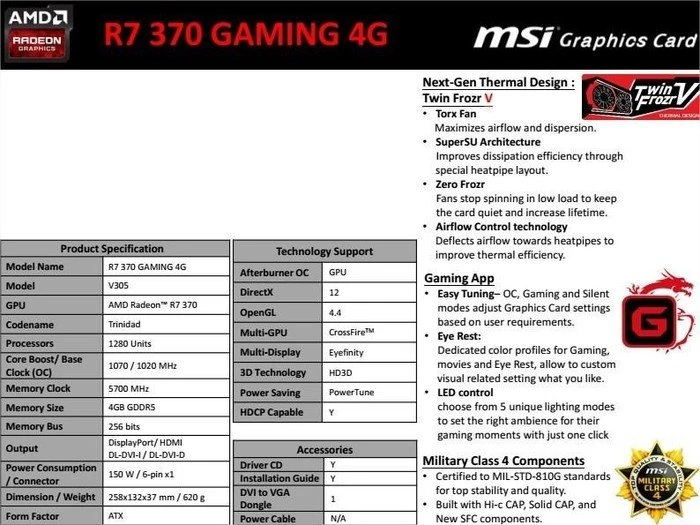 MSI Radeon R7 370, R7 370 Gaming 4G, 4GB GDDR5, 2x DVI, HDMI, DP