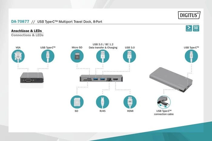 Digitus Multiport Travel Dock grau, USB-C 3.0 [Buchse]