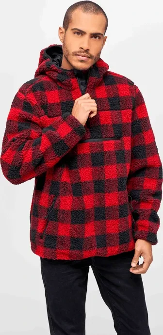 Brandit Teddyfleece Worker Hoodie red/black checkered (Herren)