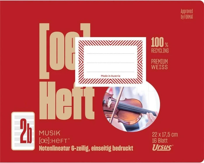 Ursus green Musikheft FX2b, 220x175mm, Lineatur 14 Noten, rot, 16 Blatt