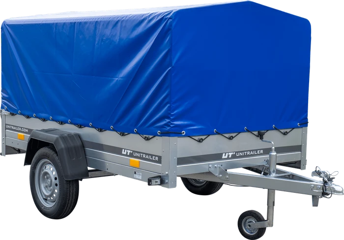 Unitrailer Garden Trailer 230 FD mit Stützrad, 80 cm hohem Spriegel und blauer Plane