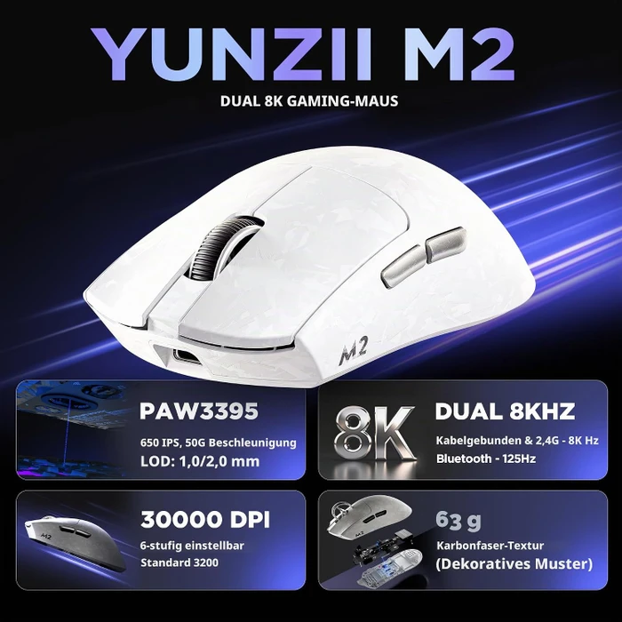 Yunzii M2 Dual 8K Custom Wireless Gaming Maus, weiß, USB/Bluetooth