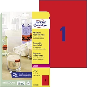 Avery-Zweckform Neonetiketten, A4, ablösbar, rot, 25 Blatt (25 Etiketten)