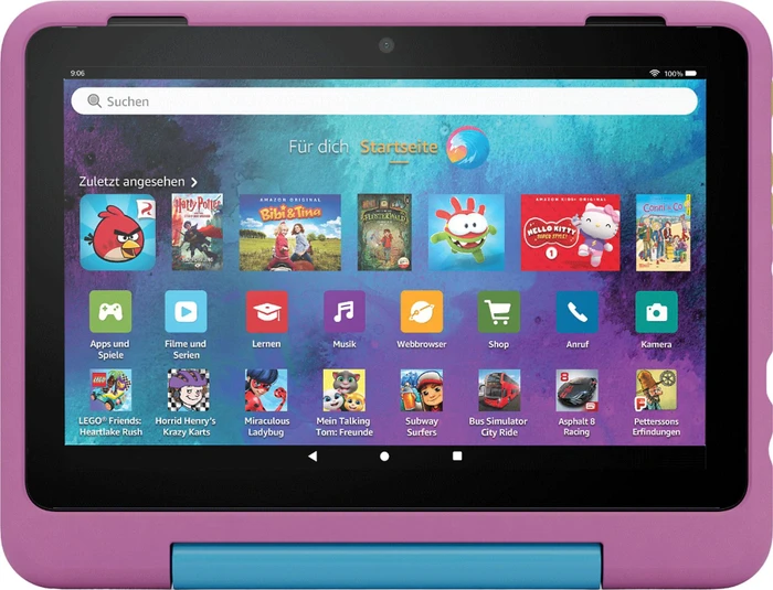 Amazon Fire HD 8 KFRAPWI 2024, ohne Werbung, rosa/blau, 32GB, Löwen-Design, Kids Pro Edition