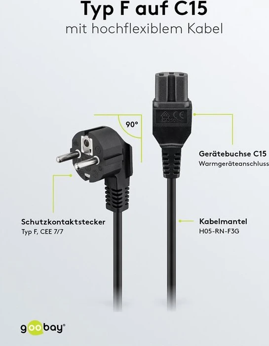 Wentronic Goobay Warmgeräte Netzkabel, Schutzkontakt auf Warmgerätestecker C15, schwarz, 2m