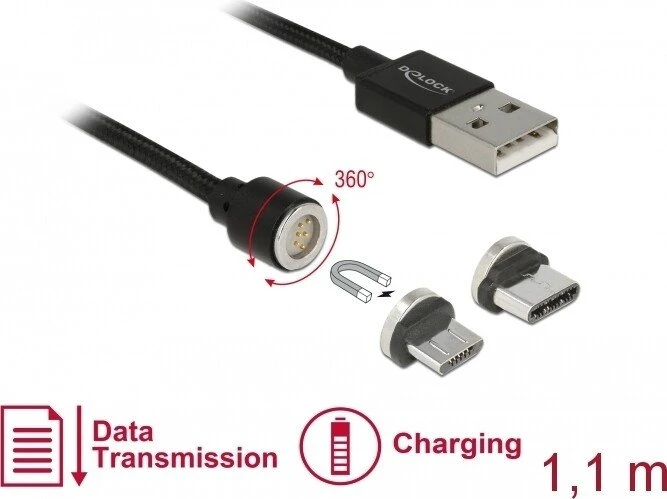 DeLOCK Magnetisches USB Daten- und Ladekabel, USB-A [Stecker] auf USB 2.0 Micro-B/USB-C 2.0 [Stecker], Adapterkabel, 1.1m
