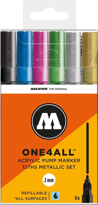 Molotow ONE4ALL 127HS 2mm Acrylmarker Metallic-Set sortiert, 6er-Set, Etui