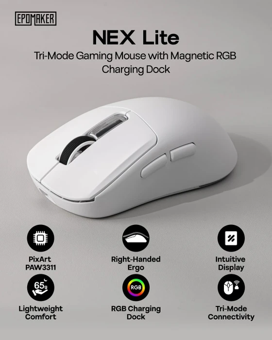 Epomaker Nex Lite Wireless Gaming Mouse mit Ladestation, weiß, USB/Bluetooth