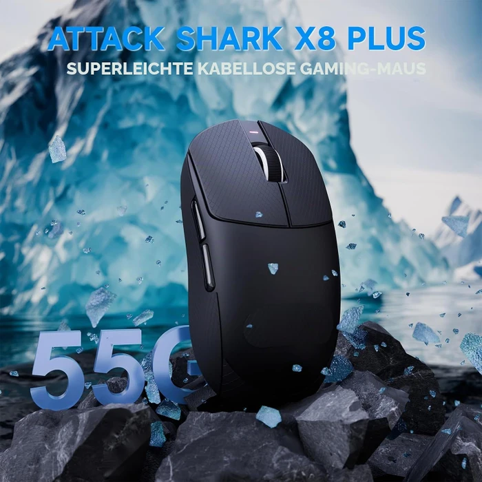 Attack Shark X8 Plus Tri-mode Wireless Gaming Mouse, schwarz, inkl. Grip Tape & C06 Ultra LED Kabel, USB/Bluetooth