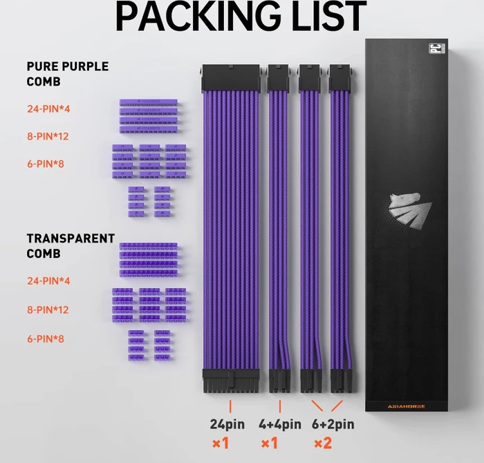 AsiaHorse GPU/CPU Cable Extension Kit, 1x 24-Pin, 1x 4/8-Pin ATX, 2x 8-Pin PCIe, 16AWG, lila, 30cm