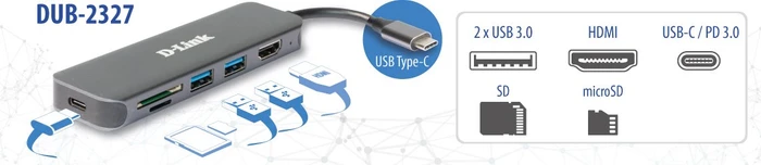 D-Link 6-in-1 USB-C Multiport-Adapter, Card Reader, USB-C 3.0 [Stecker]
