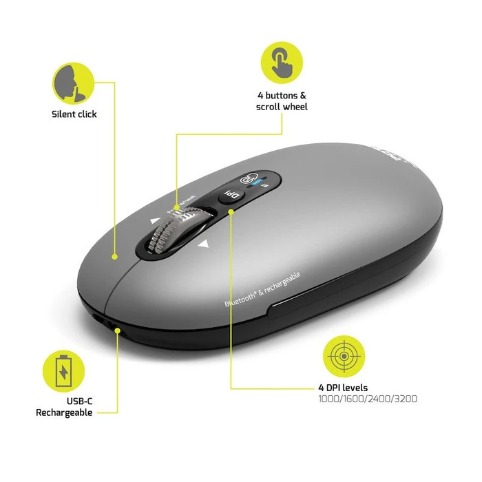 Port Designs Pure Mac Bluetooth Rechargeable Mouse, hellgrau/schwarz, Bluetooth